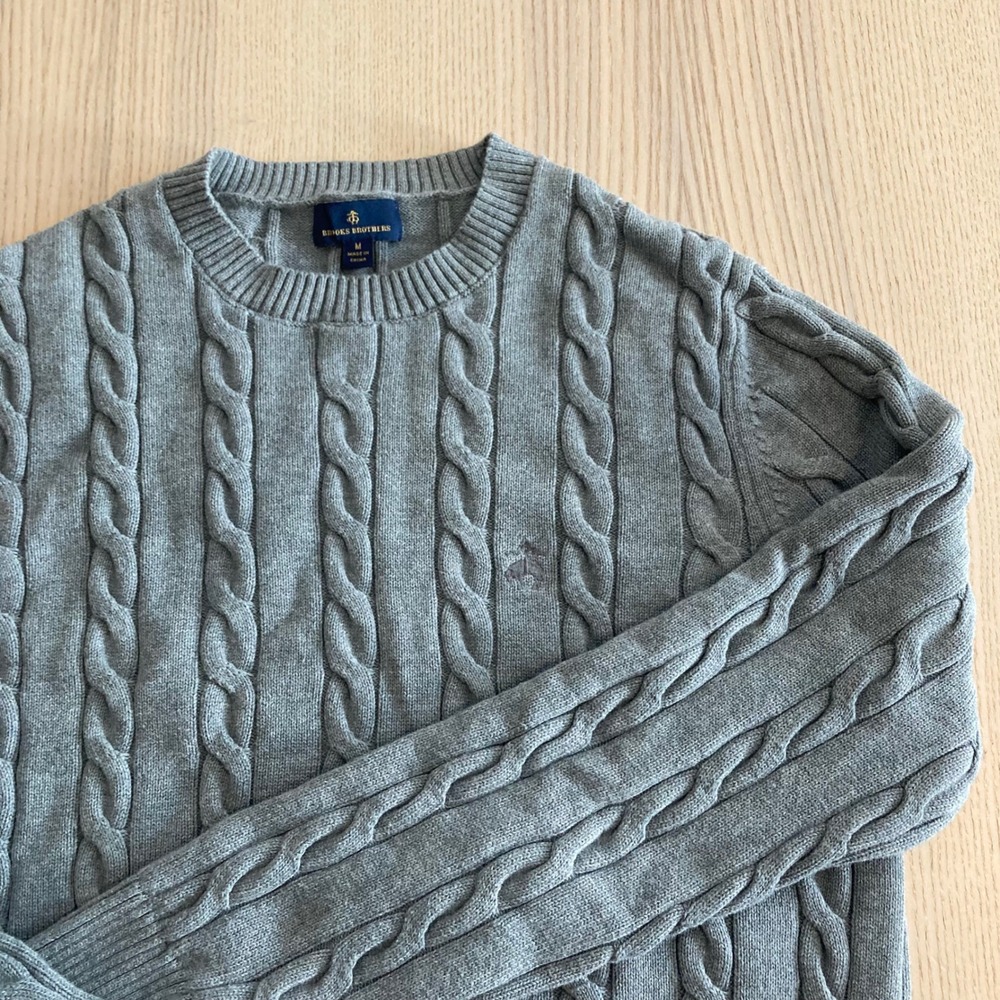 Brooks Brothers Sweater Mens Medium Grey Cable Knit Crew Neck Cotton Pullover - Picture 12 of 12